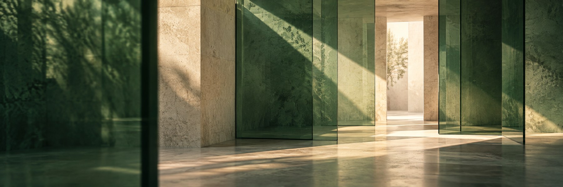 Lichtdurchflutete Passage zwischen grünen Glaselementen